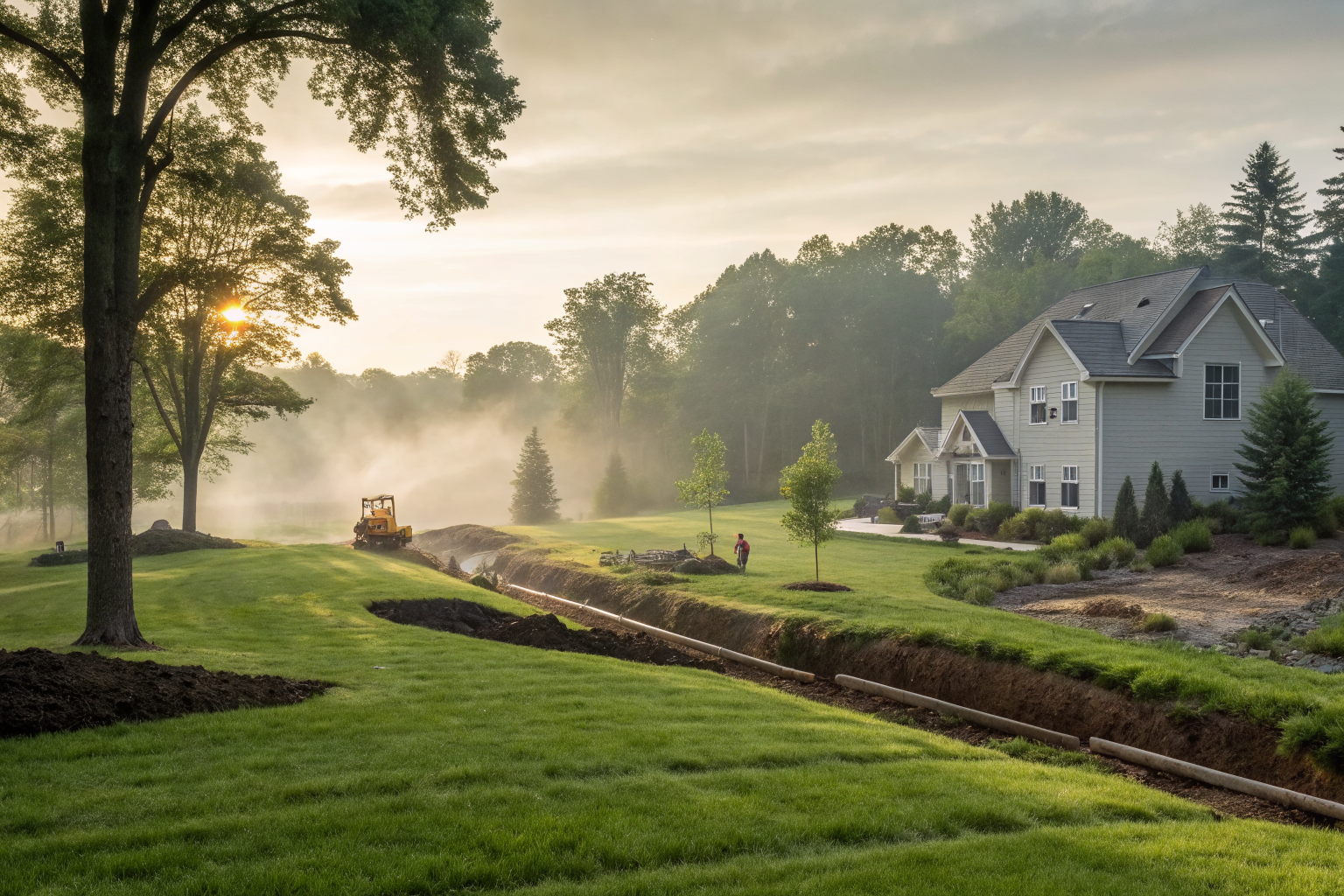 Septic system installation in a lush New Jersey suburb with environmental signs.