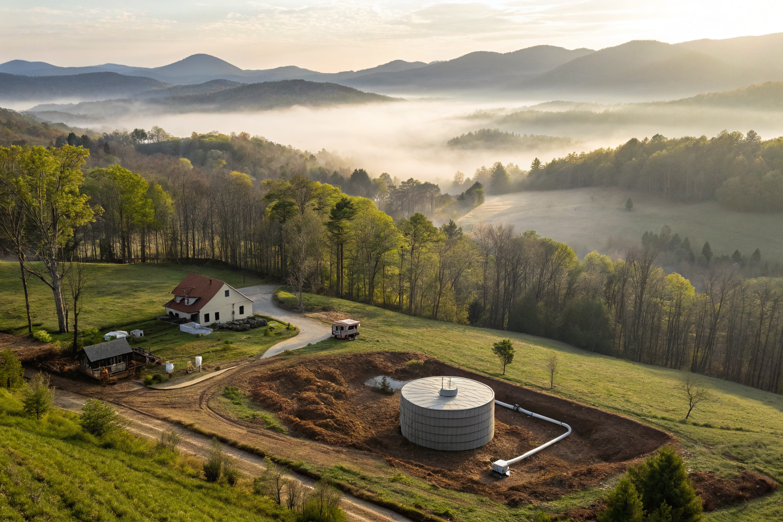 Modern septic system installation in a North Carolina rural landscape with dramatic lighting.