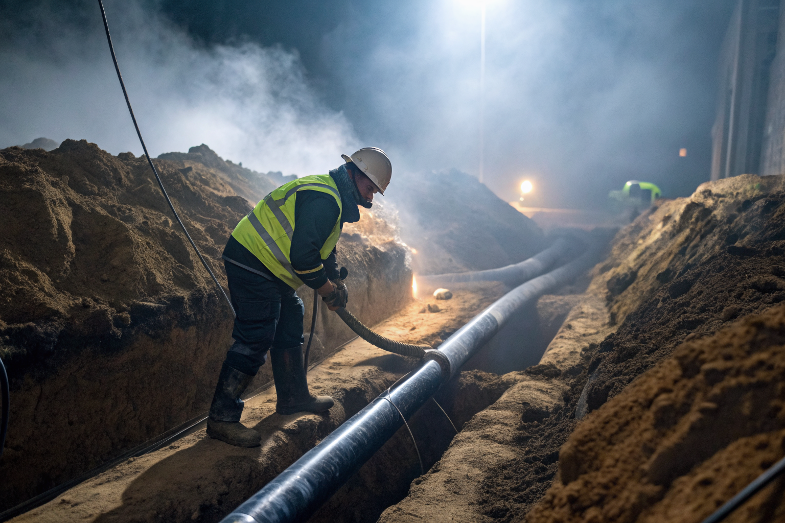 Officer inspecting septic system installation with dramatic lighting.