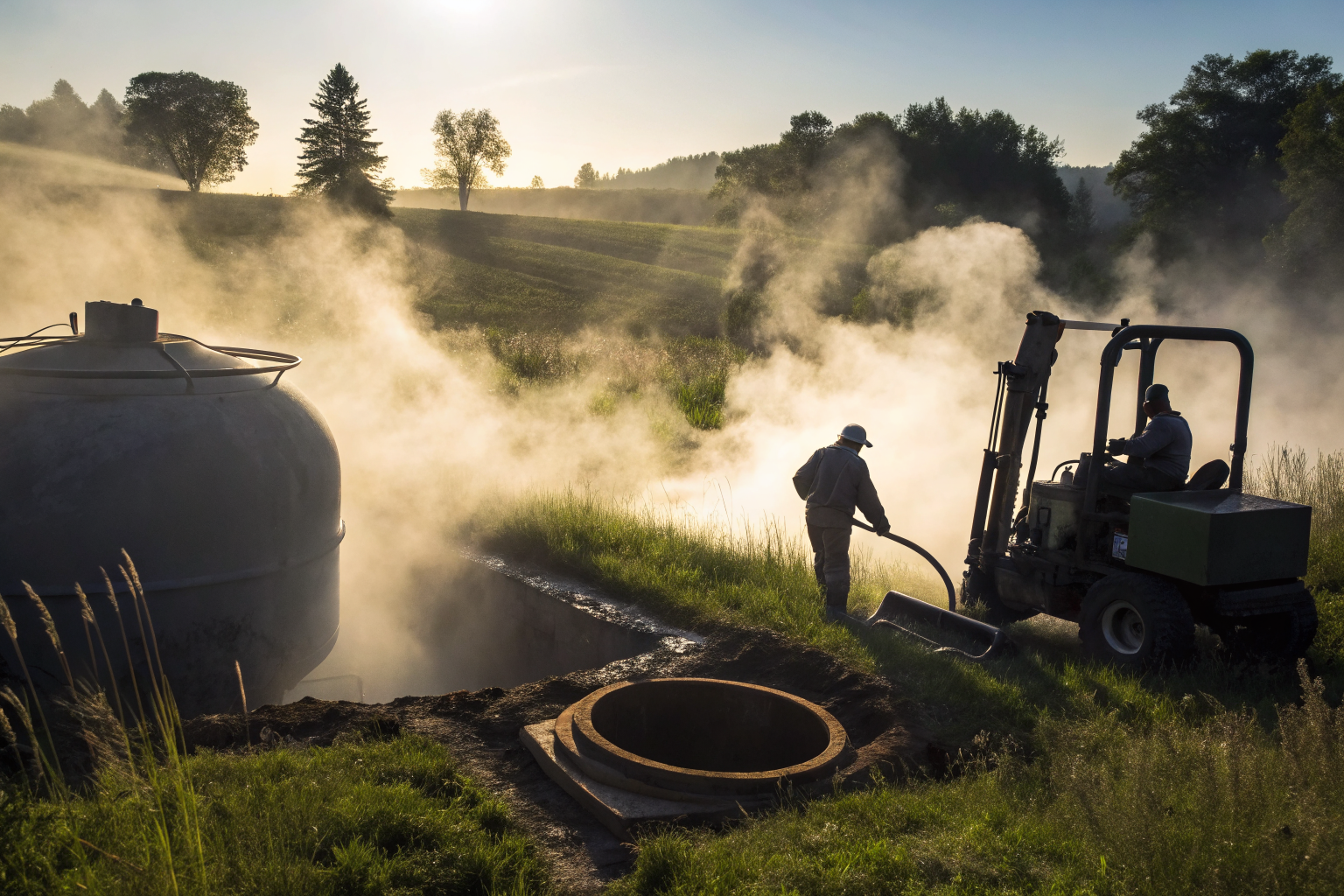 Septic worker with equipment near large tank, dramatic lighting and fog.