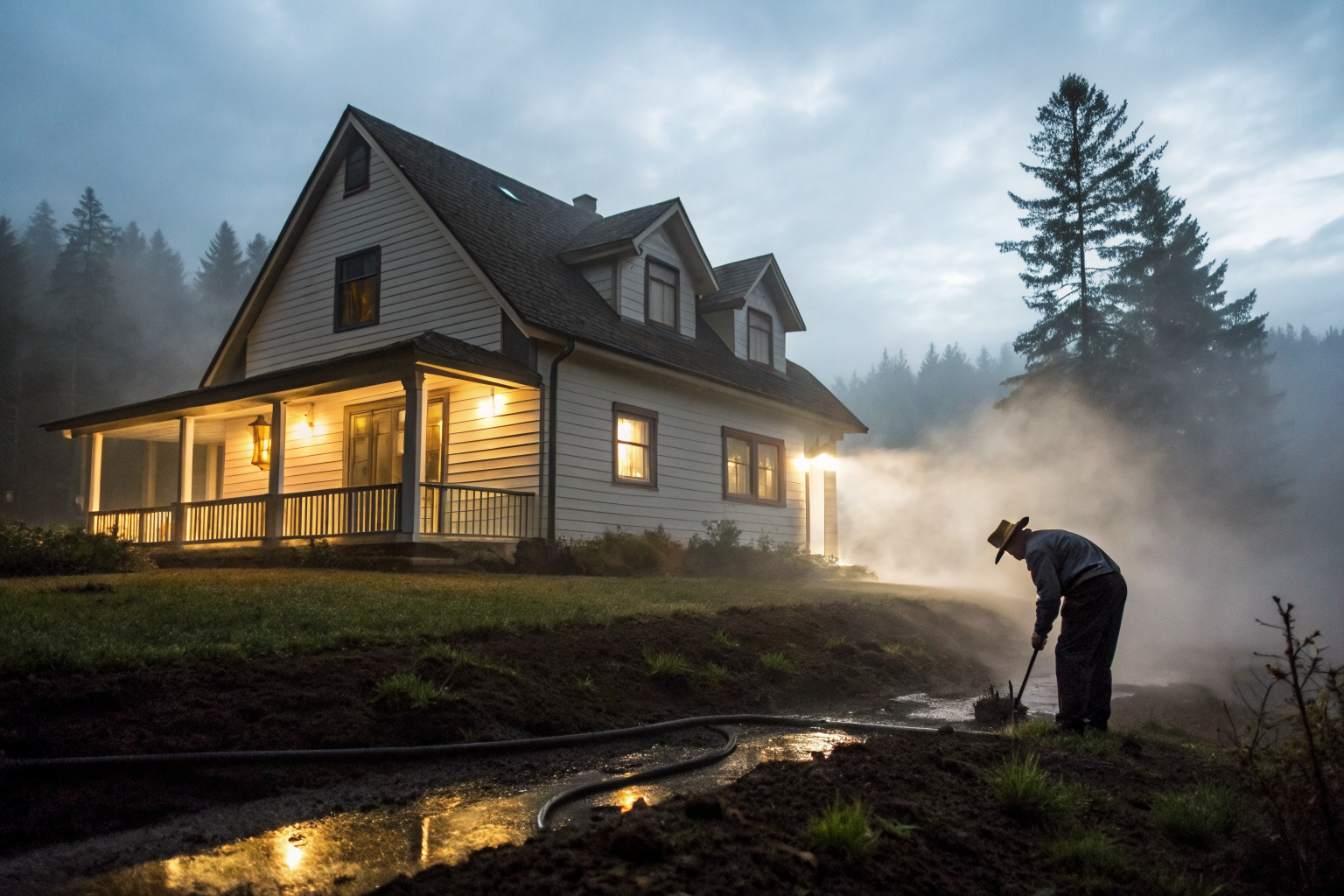 USDA official inspecting rural house septic system, dramatic lighting.