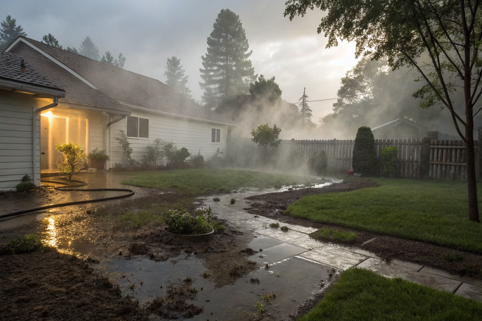 Residential yard with septic system leak, dramatic lighting and fog.