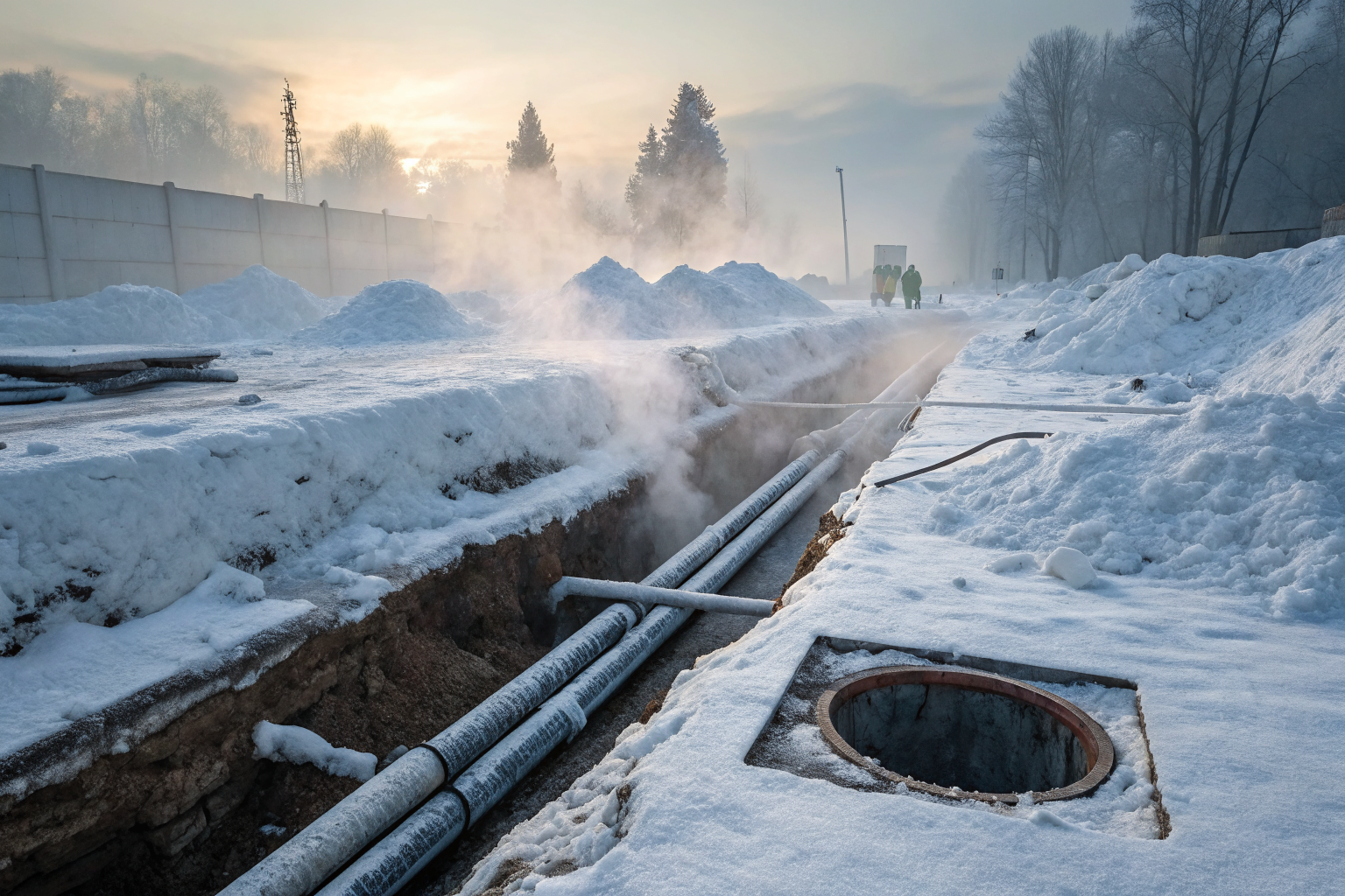 Snow-covered septic system with ice-blocked pipes, dramatic lighting.