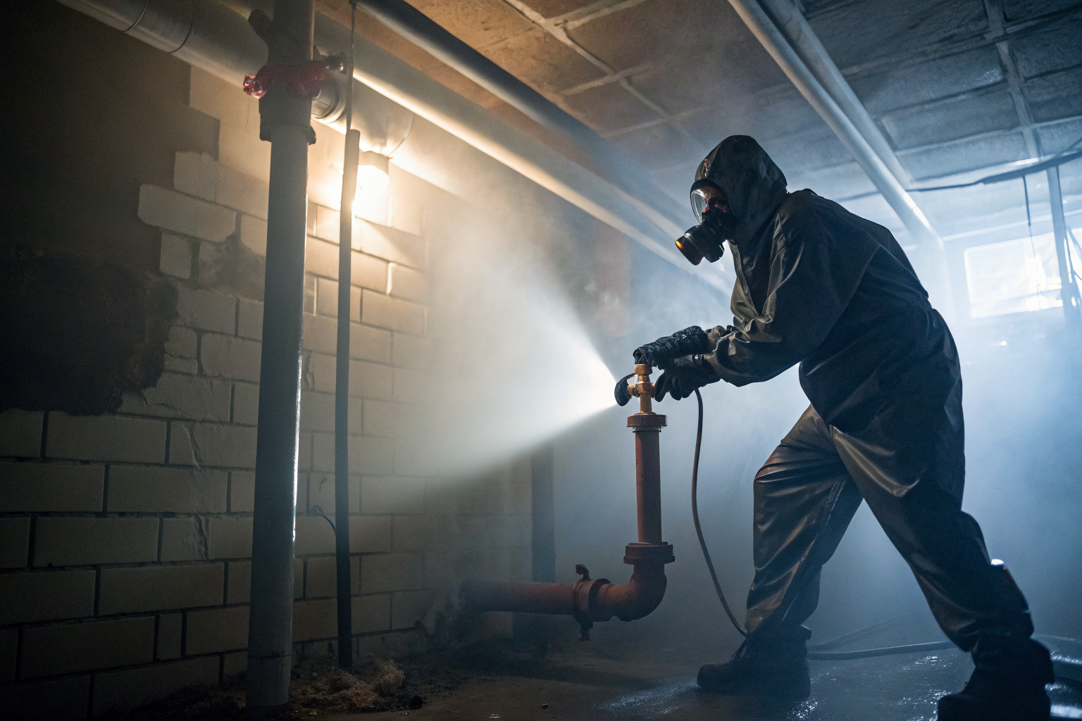 Homeowner in protective gear shutting off water valve in basement.