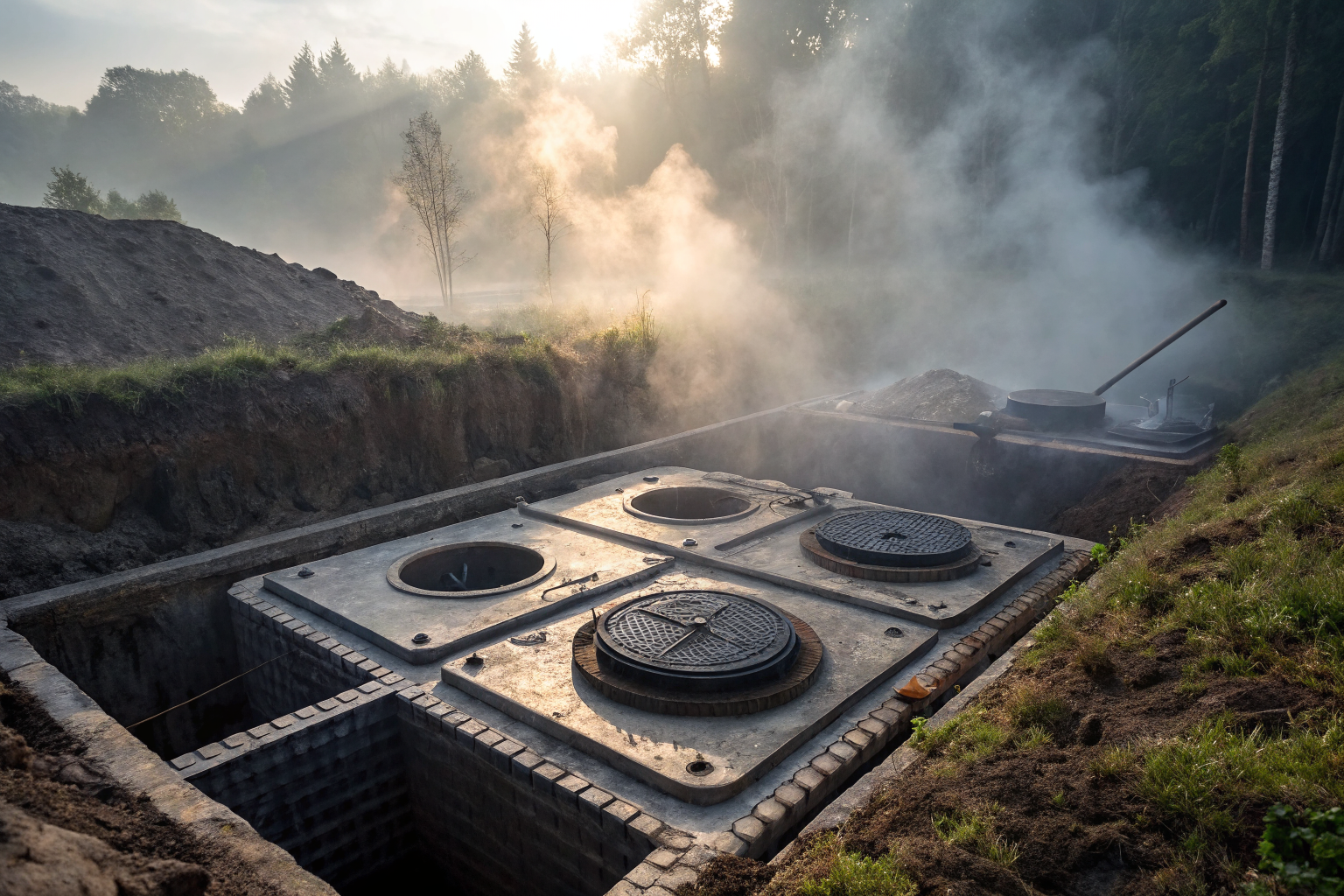 Septic tank with baffles and risers, dramatic lighting, volumetric fog.