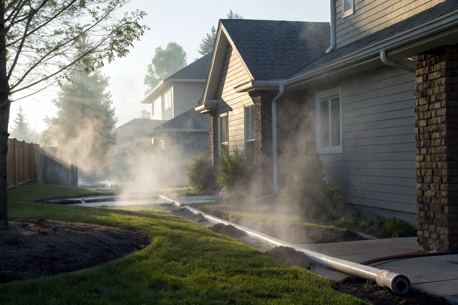 Residential yard with septic vent pipes and mist under dramatic lighting.