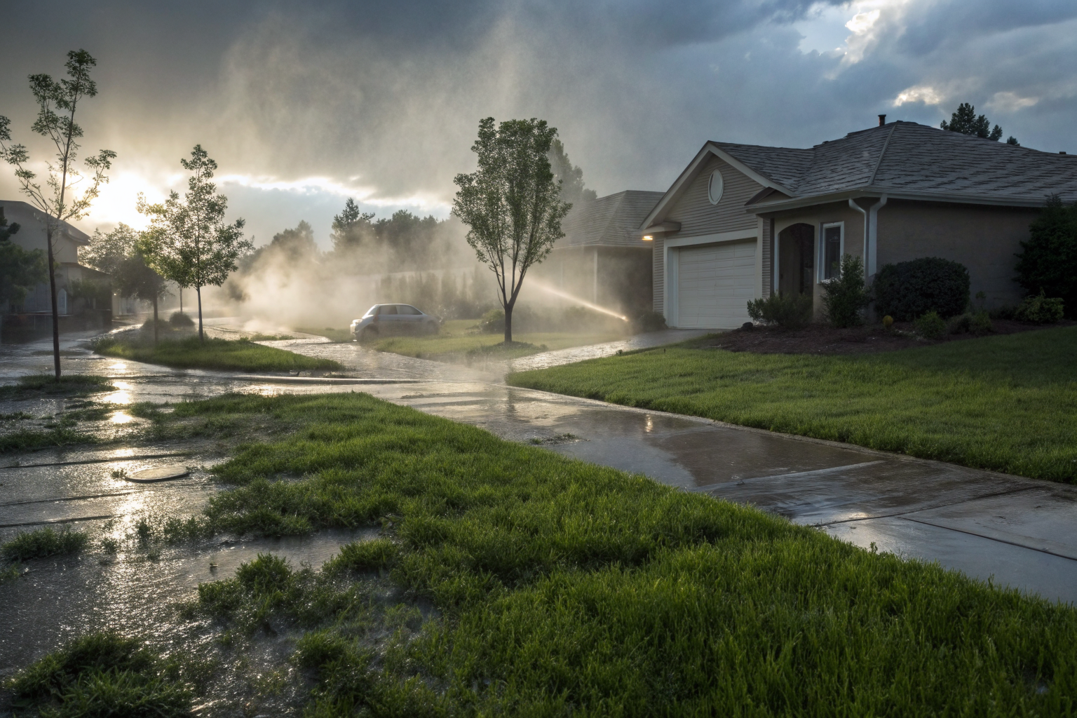 A yard with wet spots and lush grass growth, indicating septic system issues.