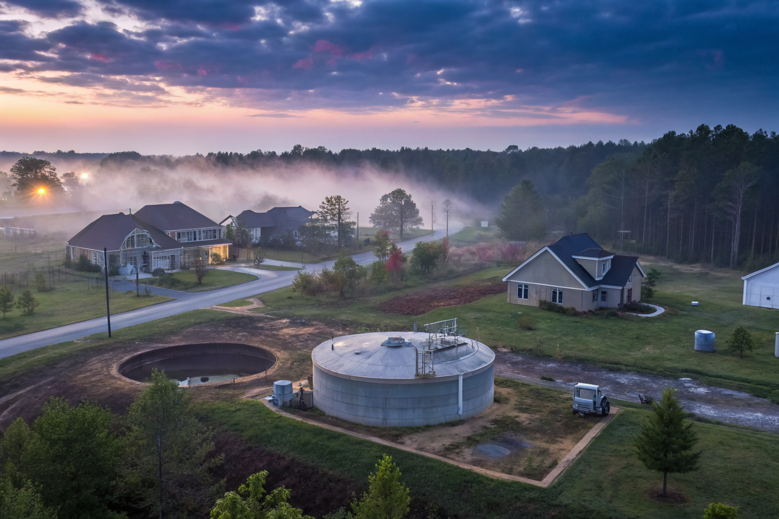 Suburban South Carolina with highlighted septic systems under dramatic lighting.