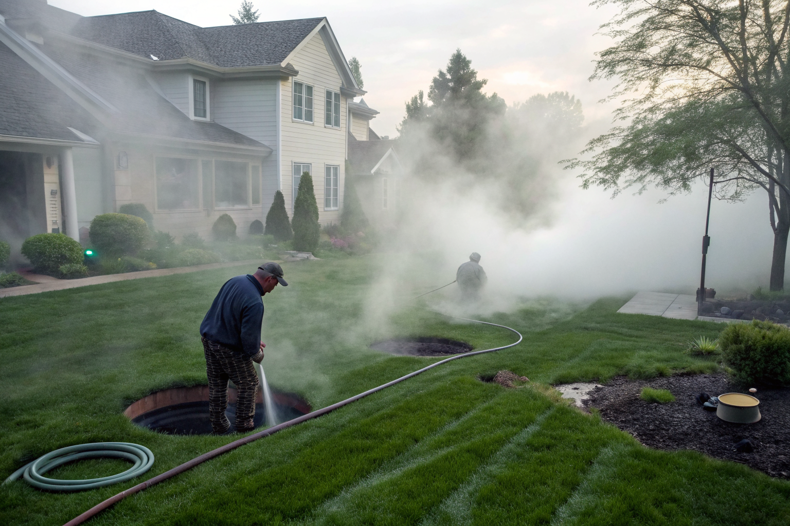 Technician inspecting septic tank access in a residential yard.