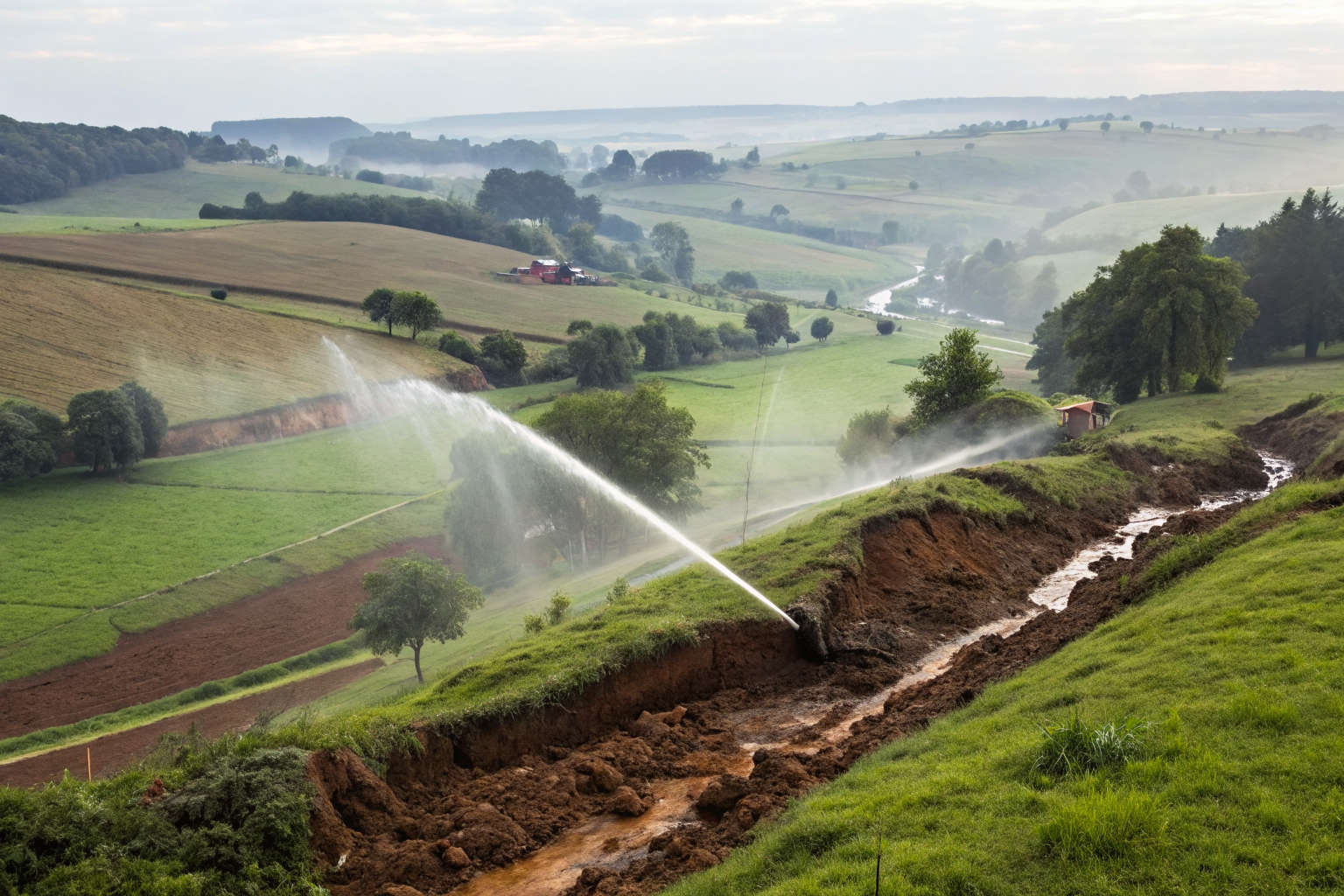 Rural landscape with septic system leakage, water contamination visible.