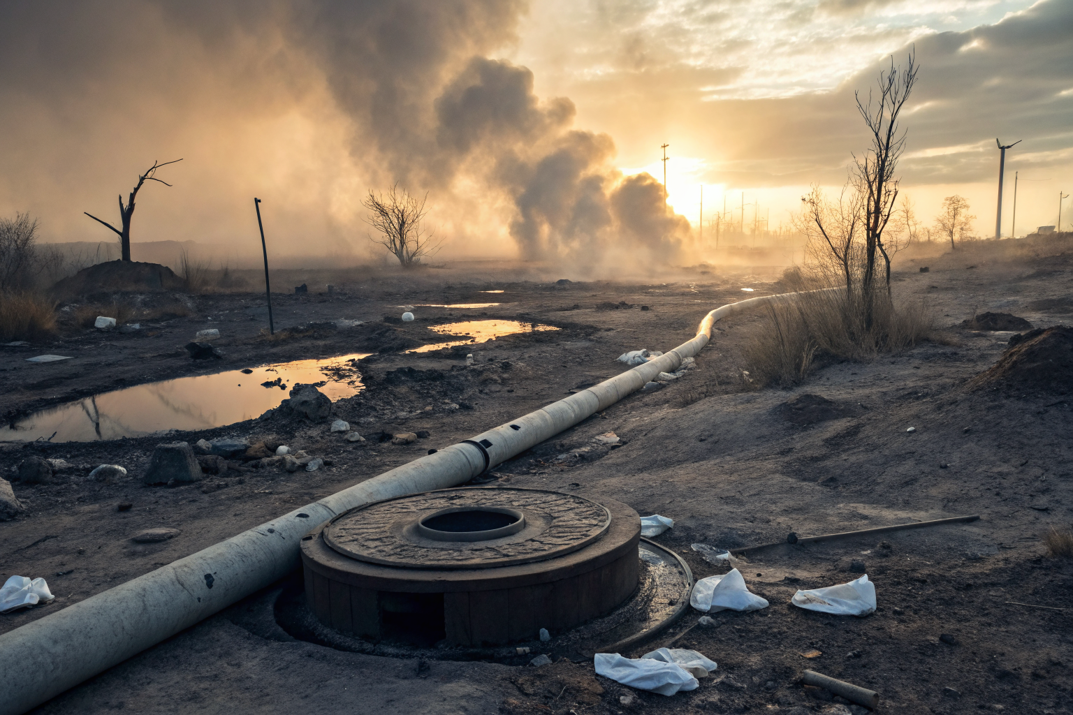 Overflowing septic tank with scattered flushable wipes under dramatic lighting.