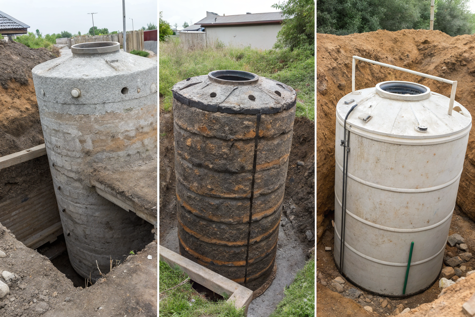 Old septic tanks from different eras showing various materials.