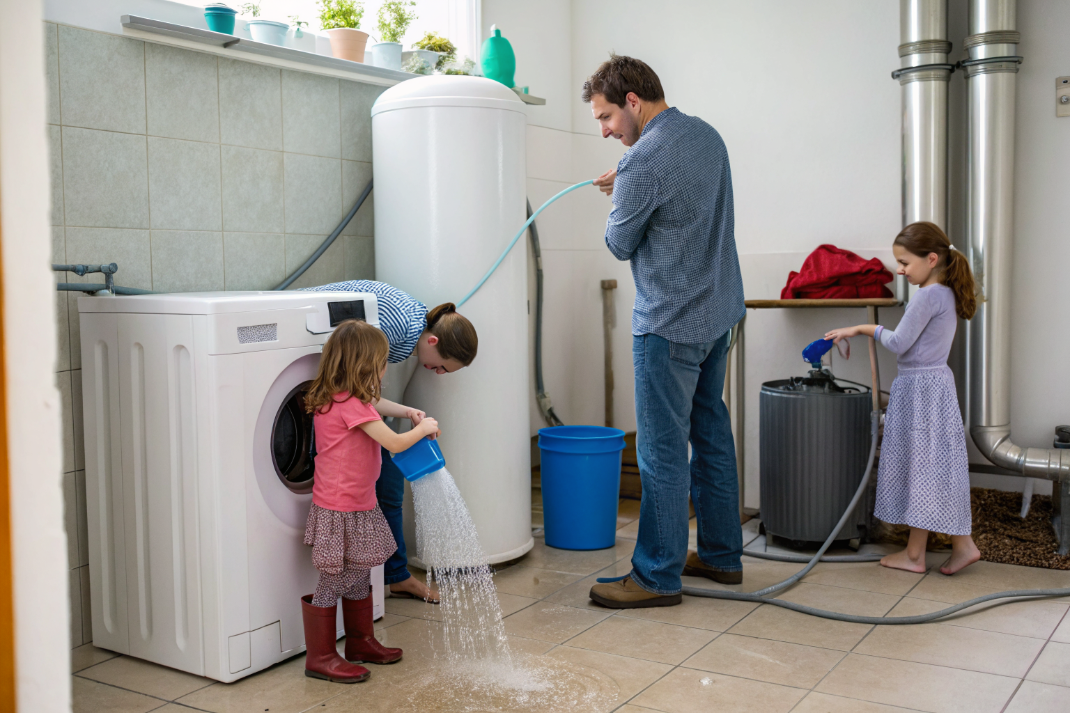 Family using water appliances, water softener visible.