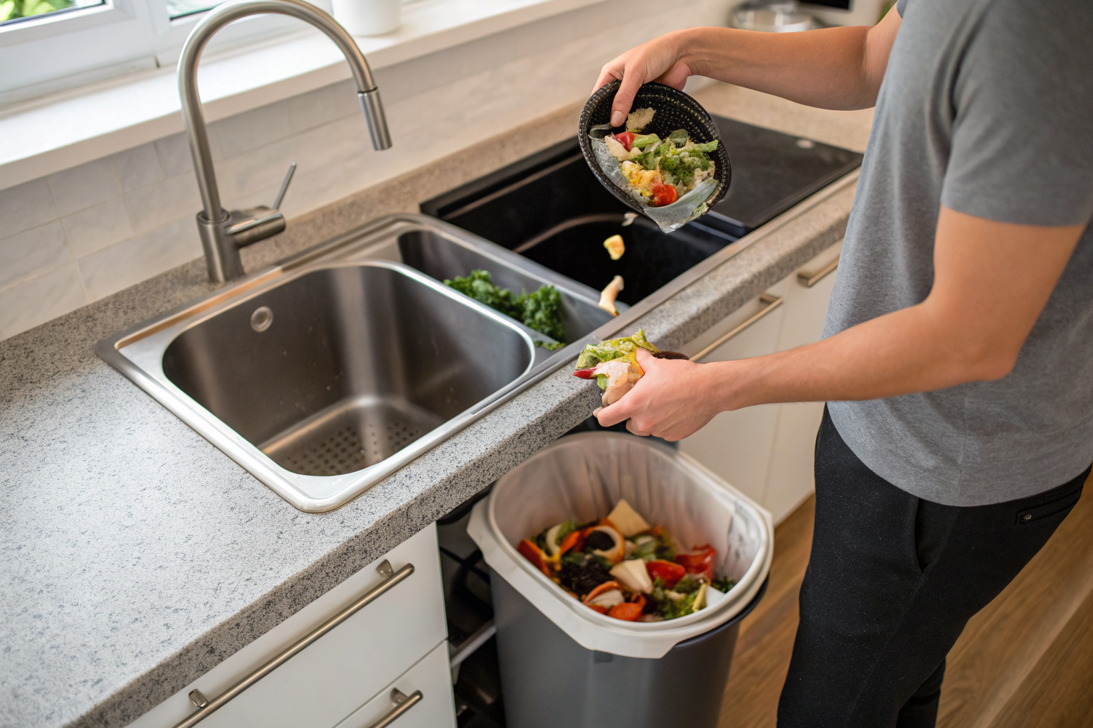 Person using garbage disposal in kitchen, food scraps visible.