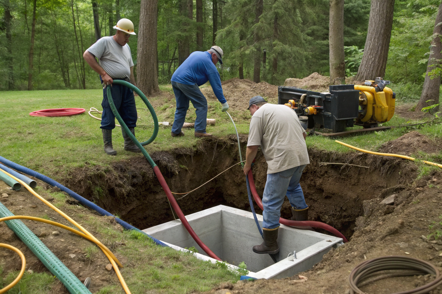 Crew with long hoses accessing a deeply buried septic tank in the woods.