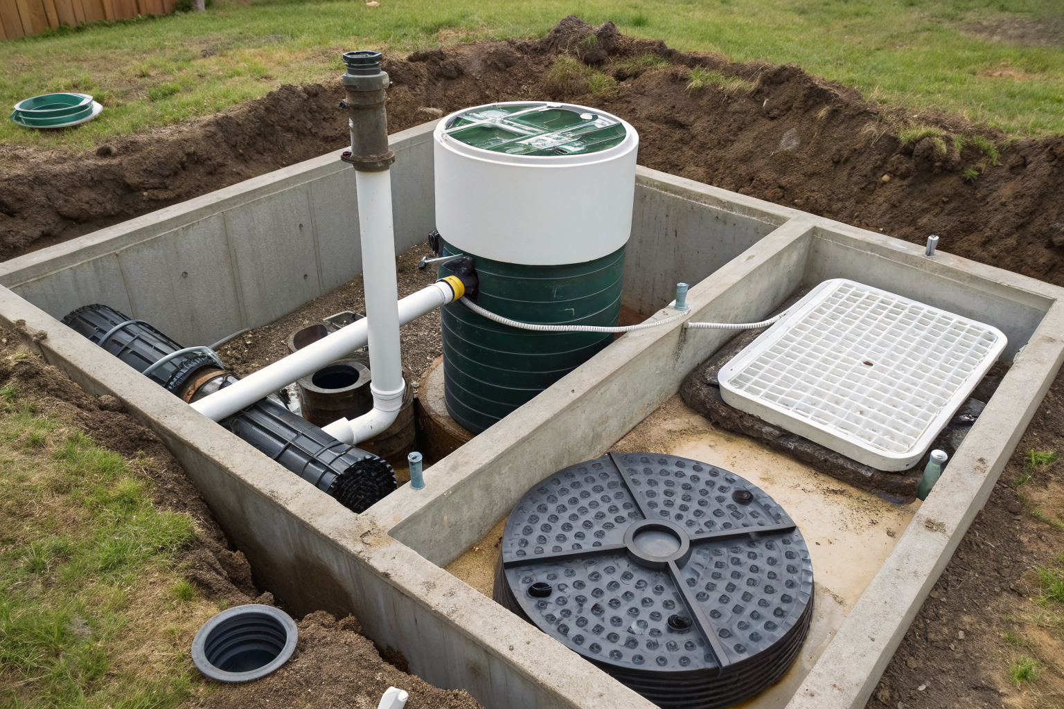 Exploded view of septic system components with repair cost annotations.