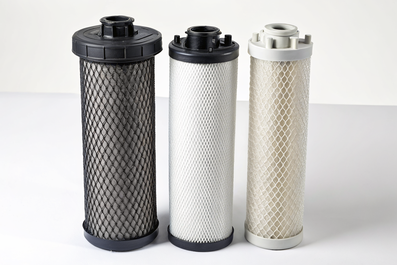 Three effluent filters, Polylok, Tuf-Tite, SIM/TECH, side by side.
