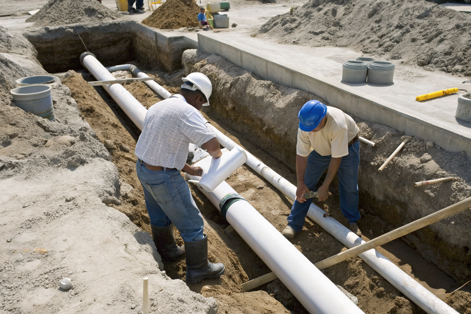Workers installing septic system at a Florida construction site.