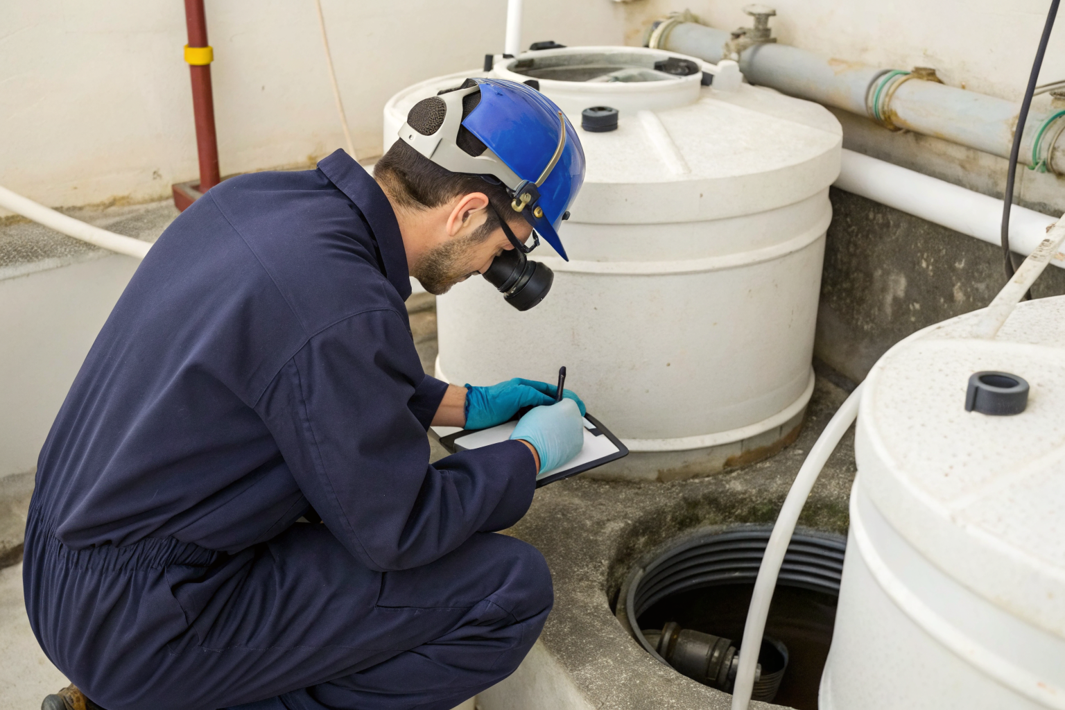 Inspector prepares for Title 5 septic inspection, photographing components.