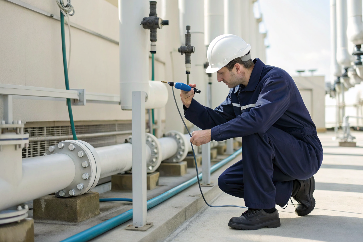 Technician inspecting aerobic treatment unit.
