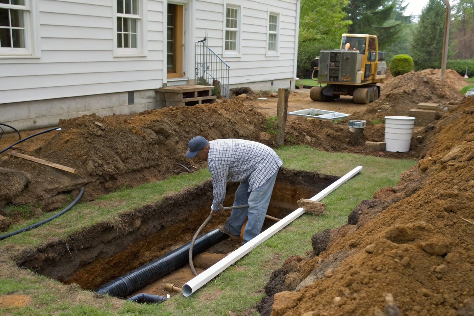 Technician installs high water table septic system with visible soil layers.