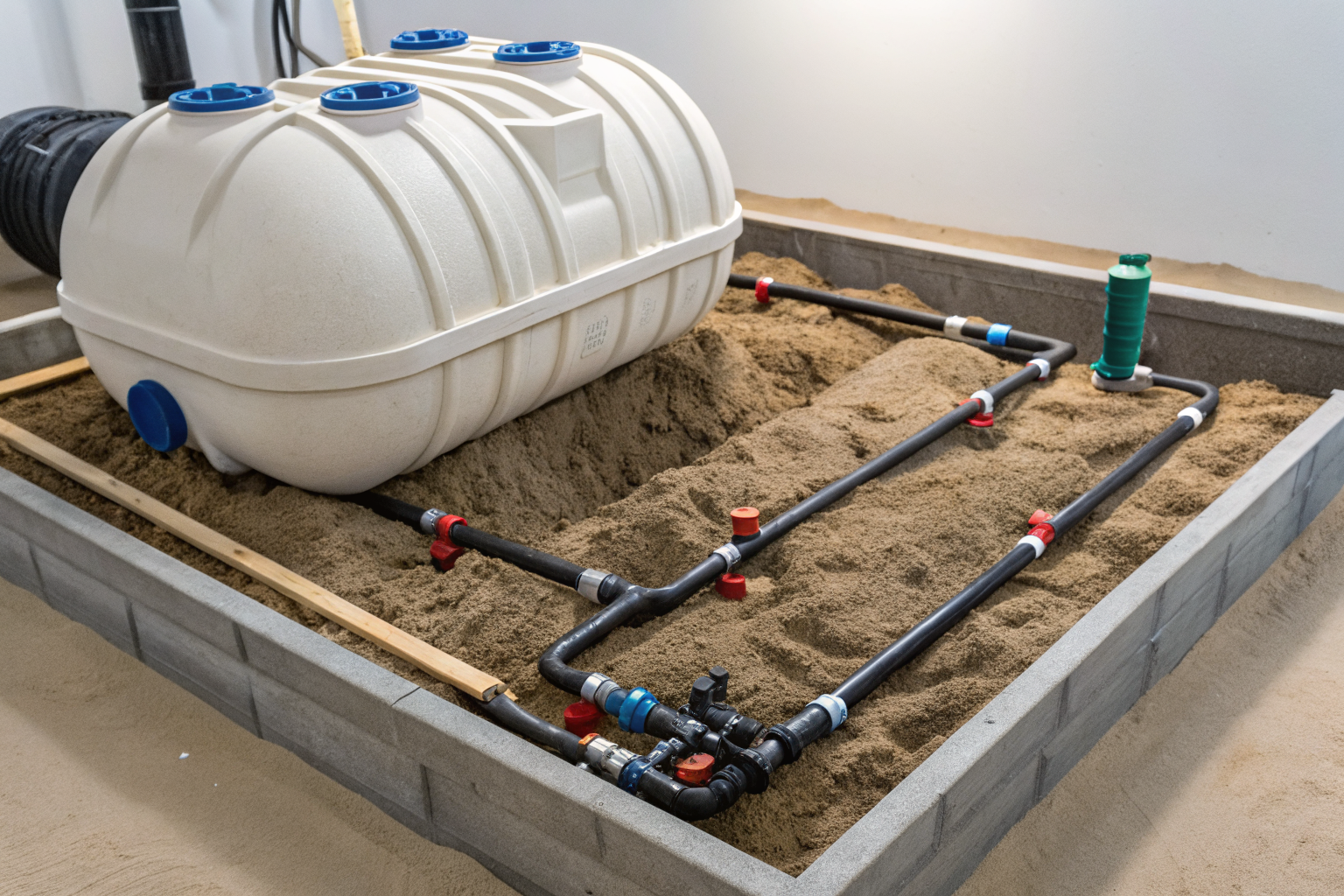Pump tank and distribution pipes in mound septic system under bright lighting.