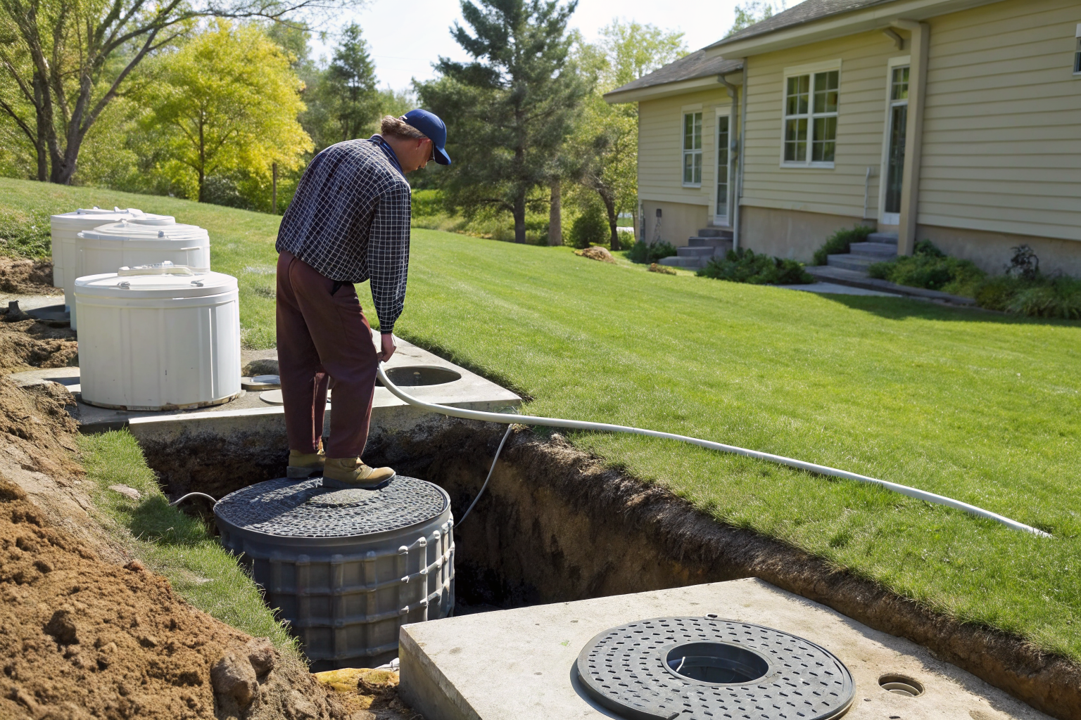 Technician identifying septic tank and drainfield in a yard.