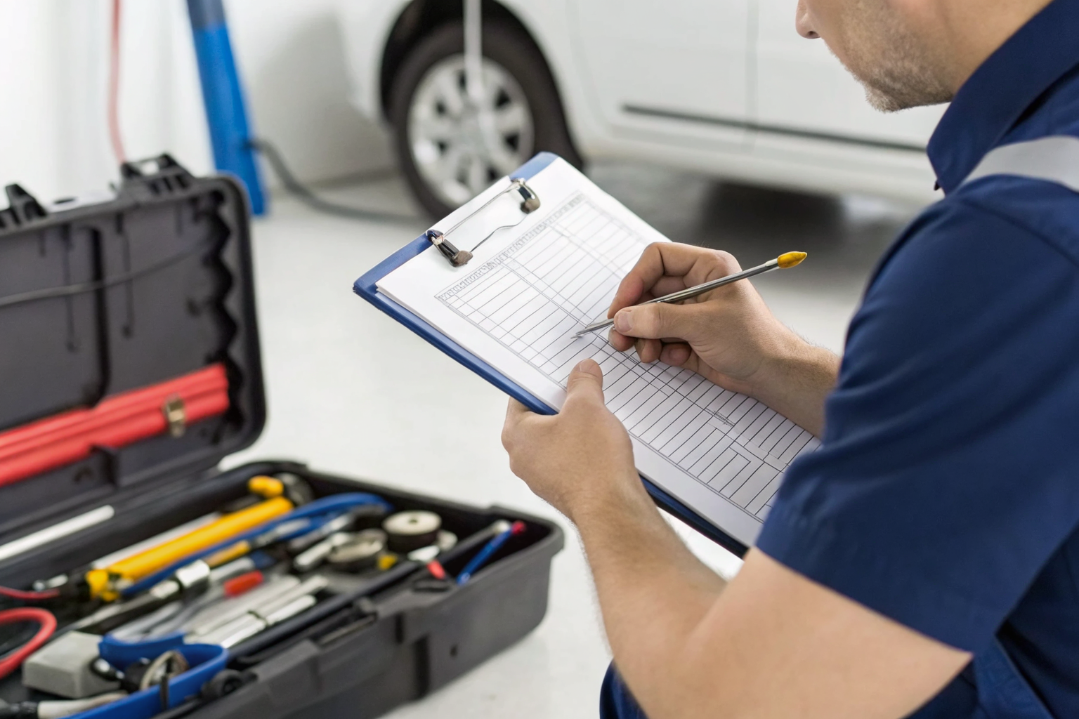 Title 5 inspection checklist being filled out by a technician.