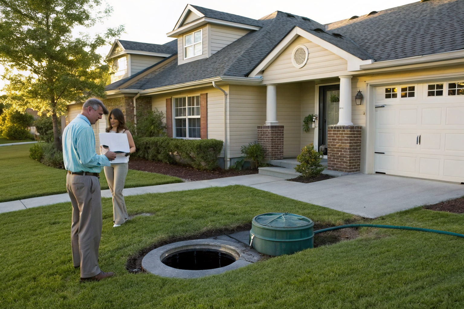 Real estate agent with couple near a house for sale and septic system.