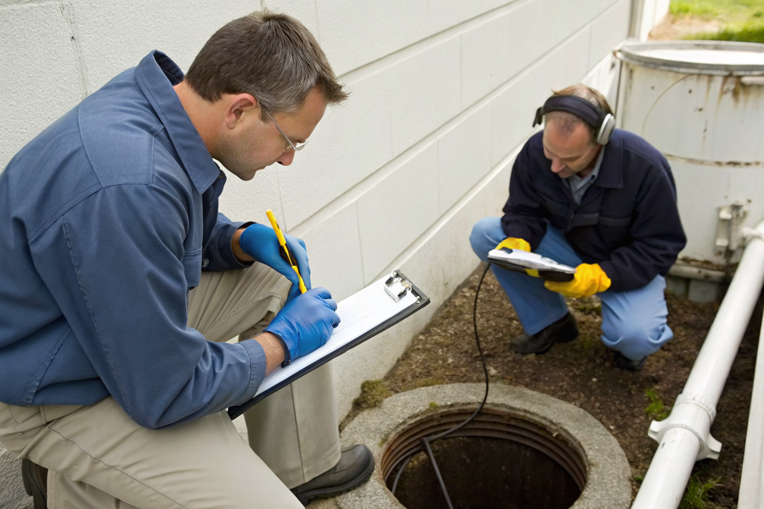 Officials inspecting septic systems in Washington with inspection tools.