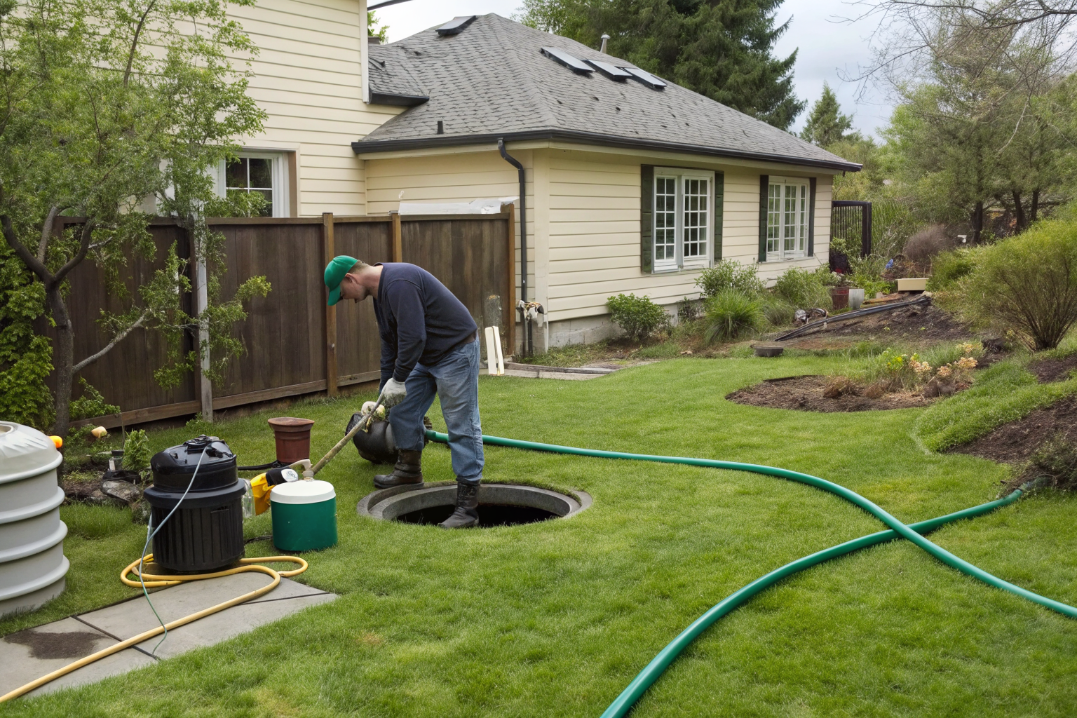 Technician pumping septic tank in residential backyard.