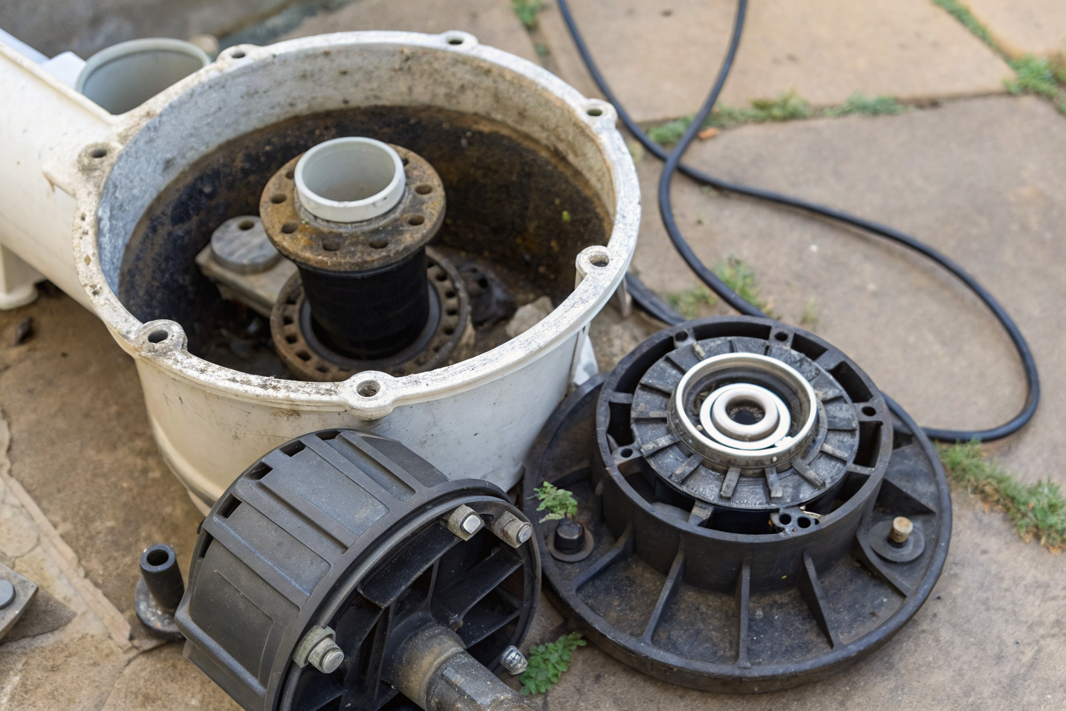 Internal components of an aerobic septic system air pump.