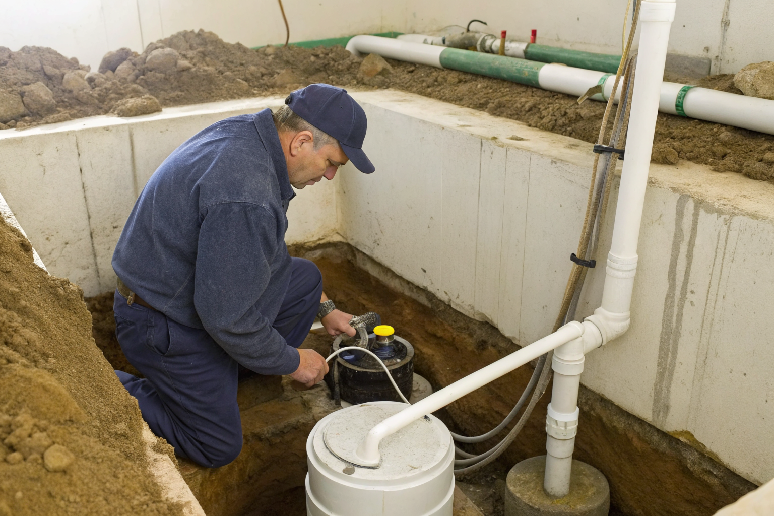 Operator inspecting pump tank for maintenance in a mound septic system.