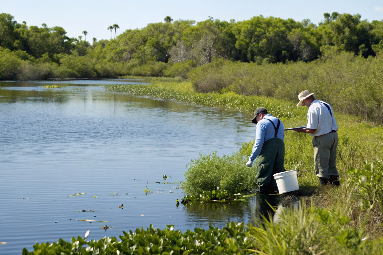 Scientists testing water in a Florida watershed area.