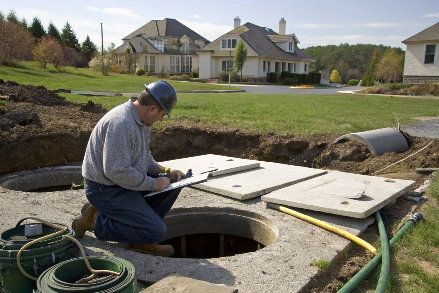 Technician inspecting septic system with tools and code manuals in a suburb.