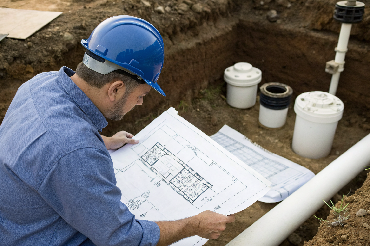 Technician examining septic system blueprints and soil samples in Ohio.