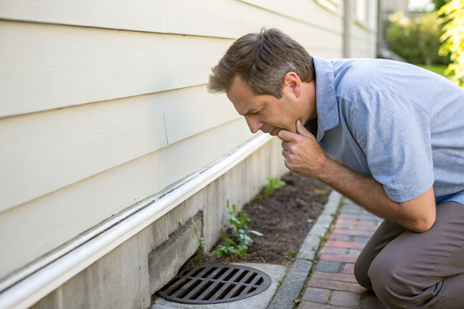 Homeowner sniffing air near septic vent, sensing odors.