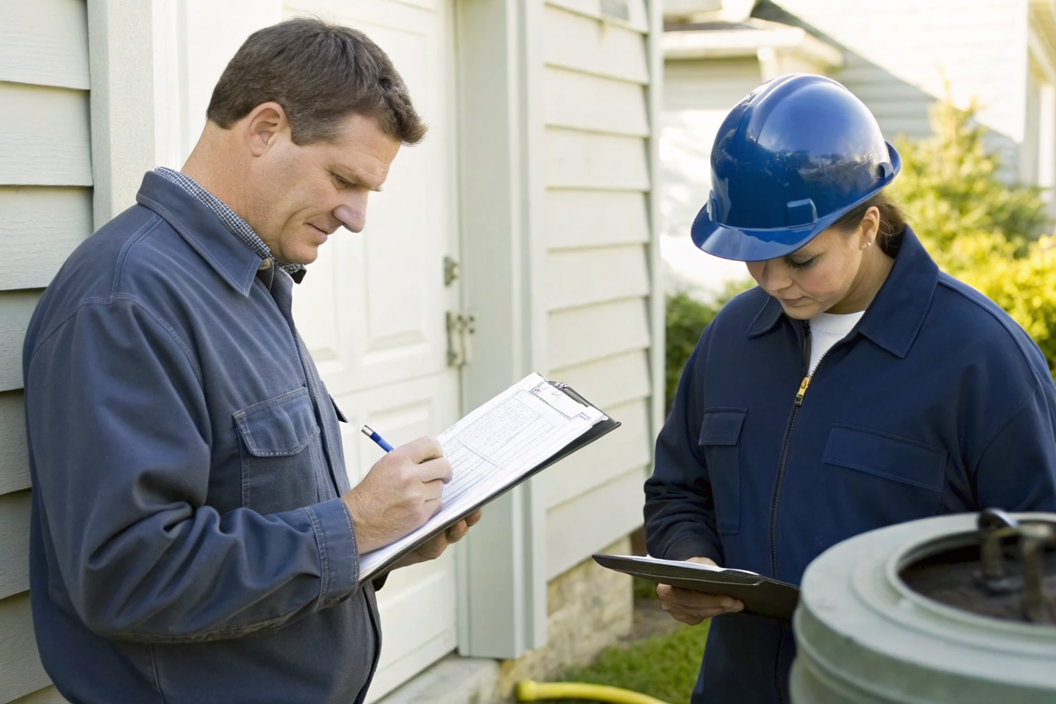 Homeowner and inspector reviewing septic system maintenance in Ohio.