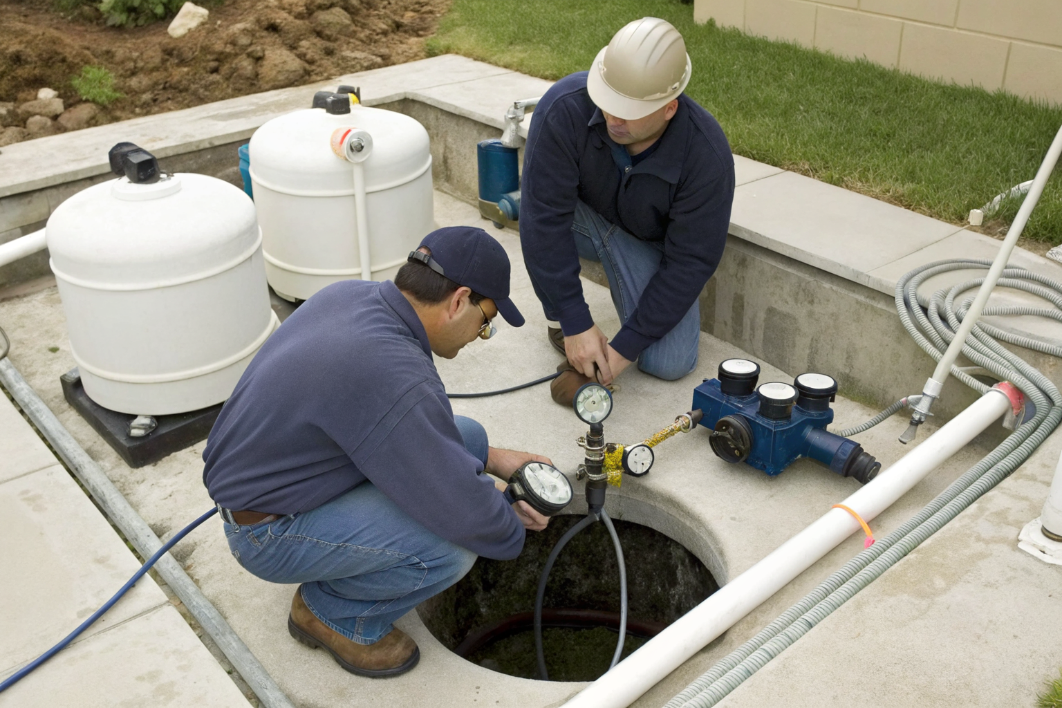 Technicians maintain alternative septic systems with technical equipment.