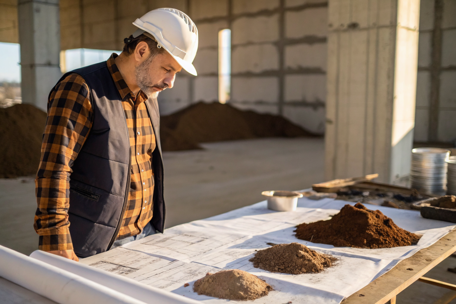 Contractor with blueprints and soil samples at a construction site.