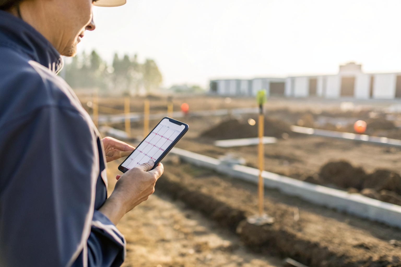Person using smartphone calendar at a construction site.