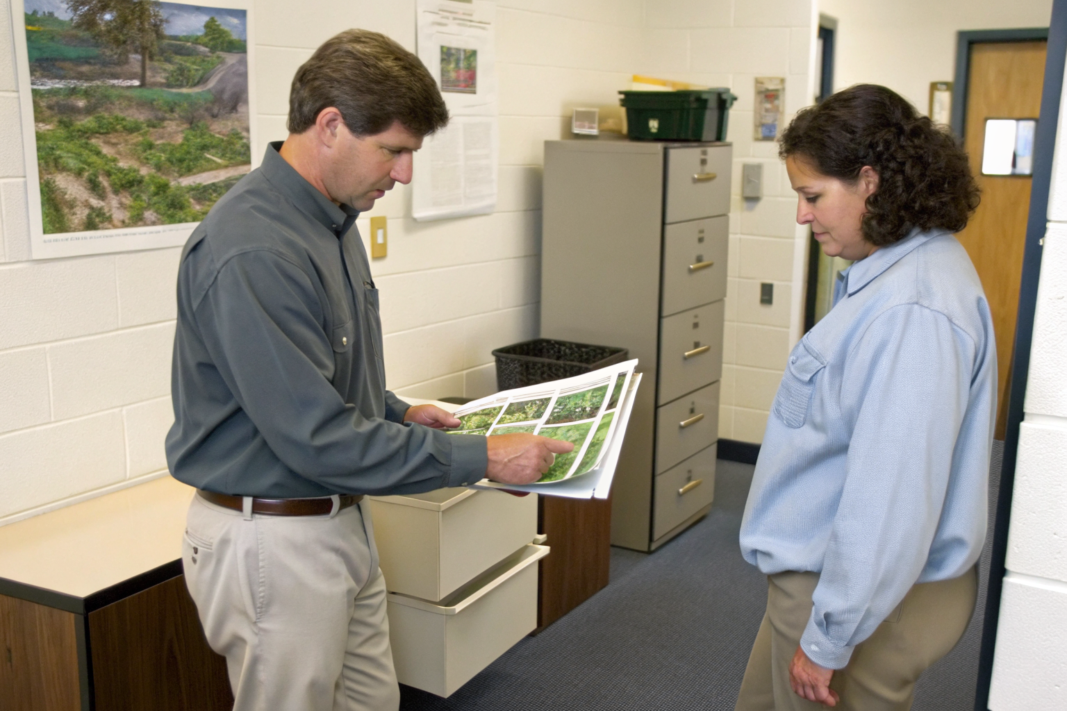 Staff member explains septic system operation permits in an office setting.