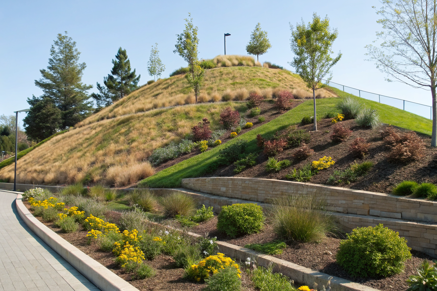 Landscaped mound system with allowed and prohibited plants labeled.