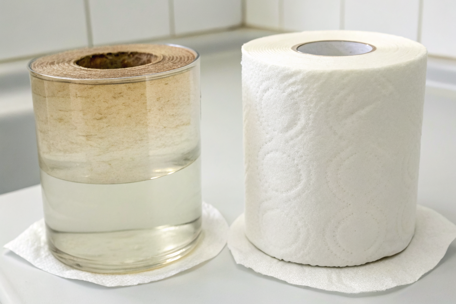 1-ply and 2-ply toilet paper dissolving in water.