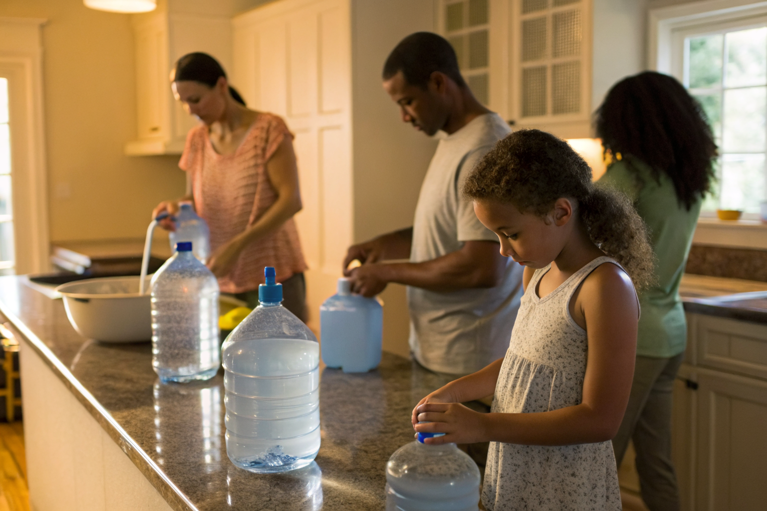 Family using bottled water in the kitchen due to contamination.
