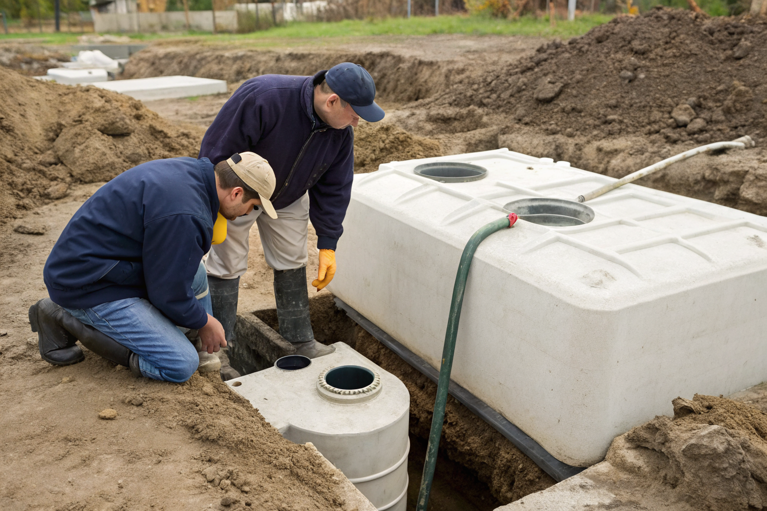 Inspection of septic system post-flood recovery.
