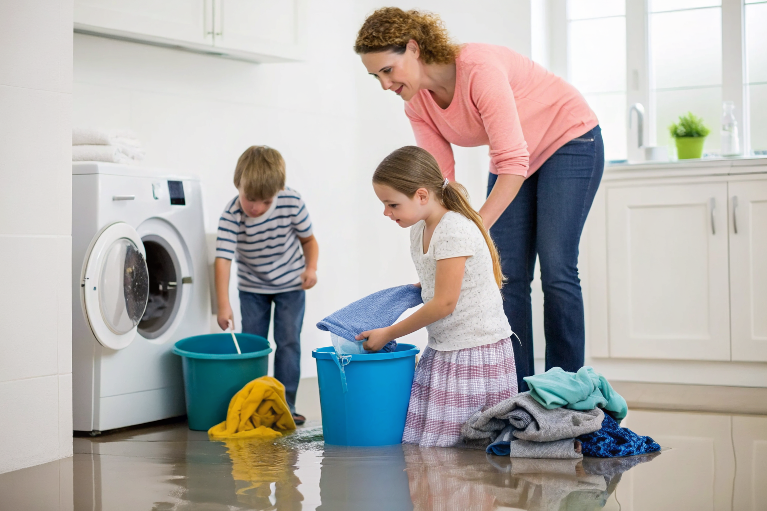 Family reducing water usage at home during flood alert.