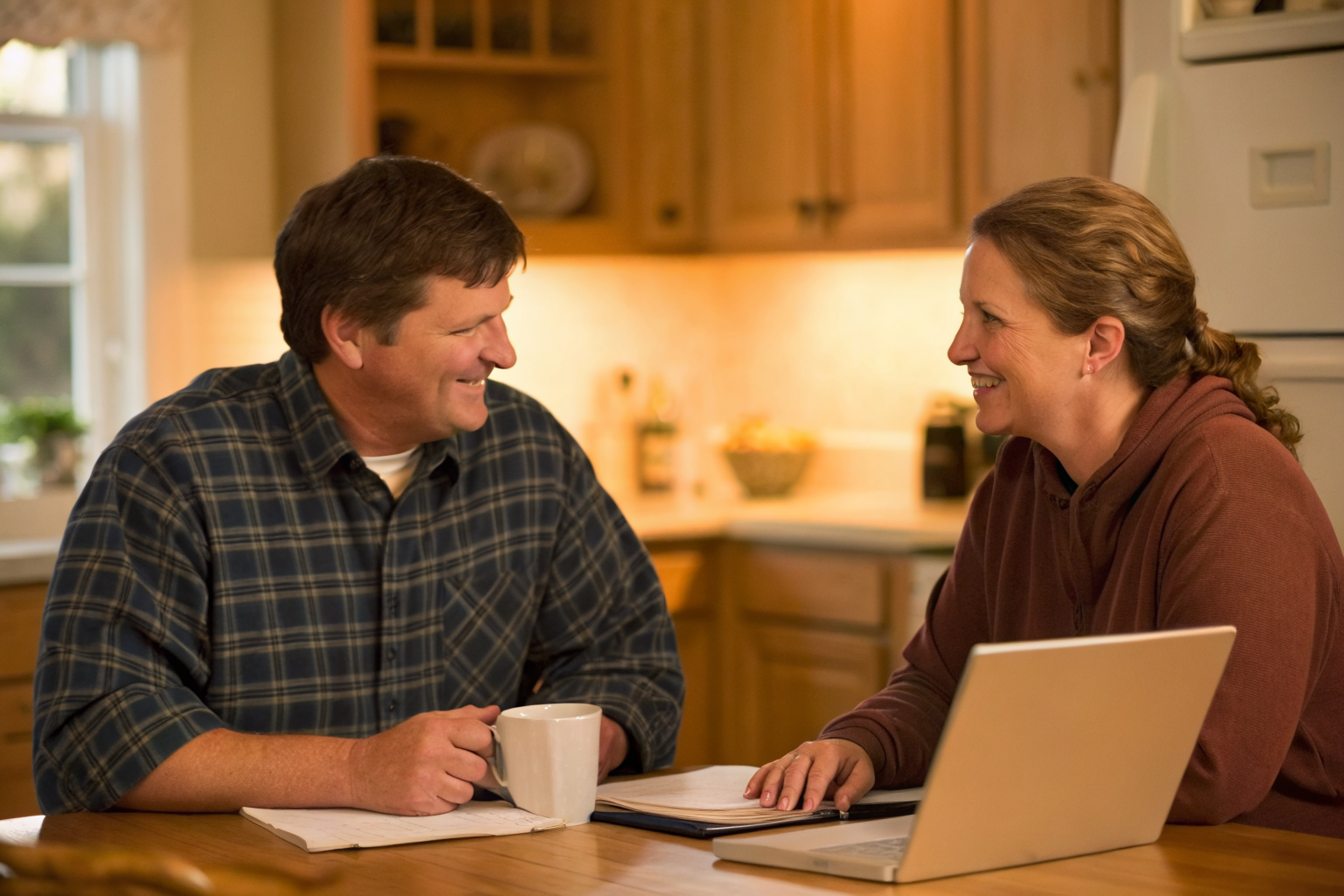 Homeowner discussing service details with a septic company rep.