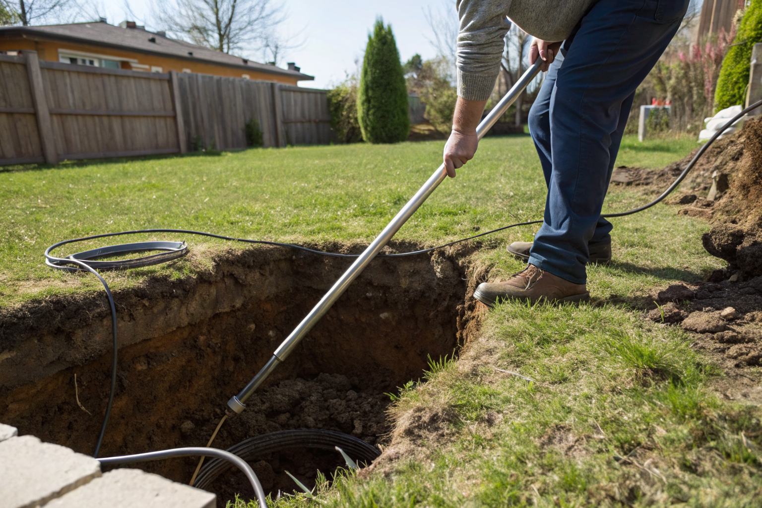 Person using a steel probe rod to find a septic tank in a yard.
