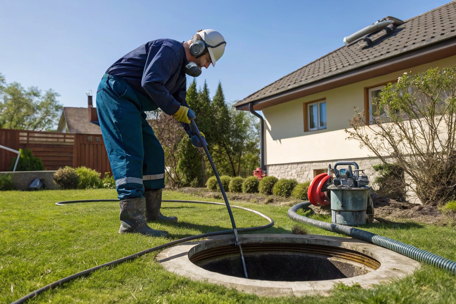 Technician measuring sludge levels in a septic tank.
